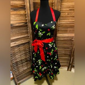 Retro style dress. Rockabilly, trendy! Red satin halter tie and belt. So cool!🍒